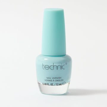A bottle of nail varnish in the shade Summer Skies on a white background