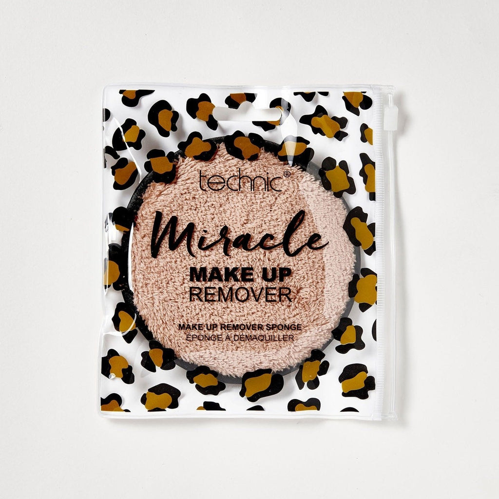 A miracle makeup remover in its leopard print zip bag packaging on a white background.