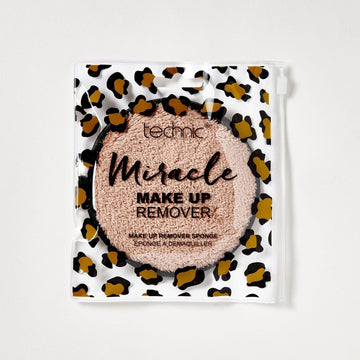 A miracle makeup remover in its leopard print zip bag packaging on a white background.