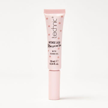 An intense lash mascara in front of a white background.