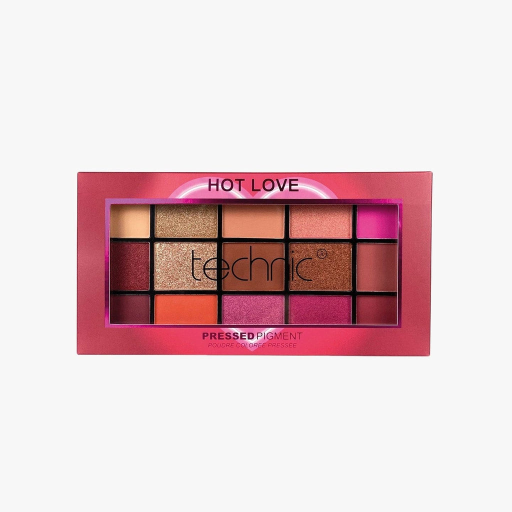A Hot Love palette in its original packaging which is red and has a heart outline in the middle on the front, on a white background.