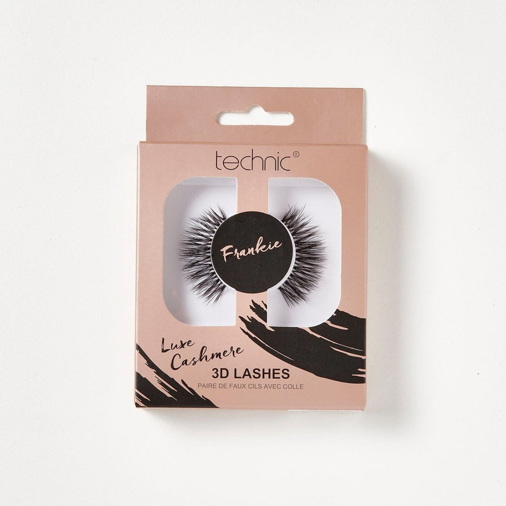 Luxe cashmere 3d lashes in the style Frankie in a rose gold box with black patterns on it, on a white background.