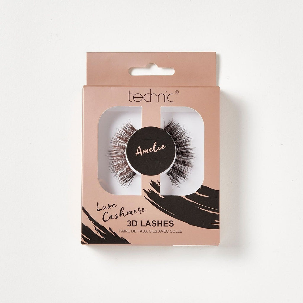 Luxe cashmere 3d lashes in the style Amelie in a rose gold box with black patterns on a white background.