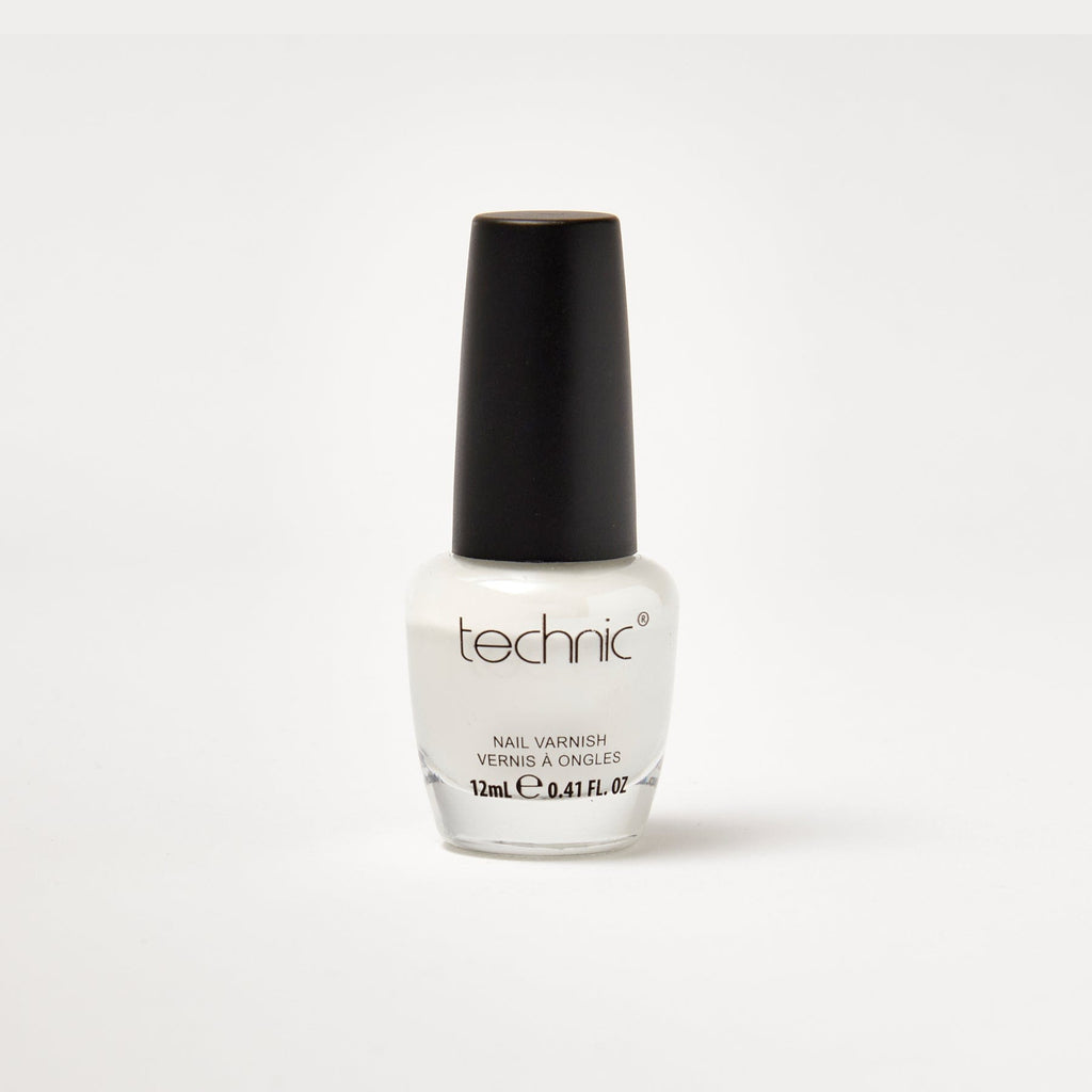 A nail varnish bottle in the shade White in front of a white background.