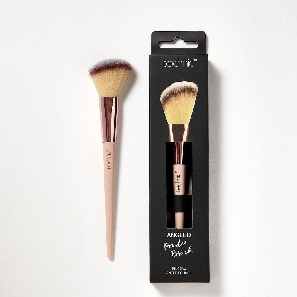 2 angled powder brushes on a white background. 1 is in its original packaging which is black and has an image of he brush on the front, and the other is out of the packaging.