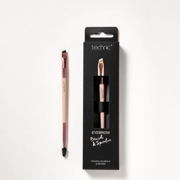 2 eyebrow brush and spoolies  on a white background. 1 is in its original packaging which is black and has an image of he brush on the front, and the other is out of the packaging.