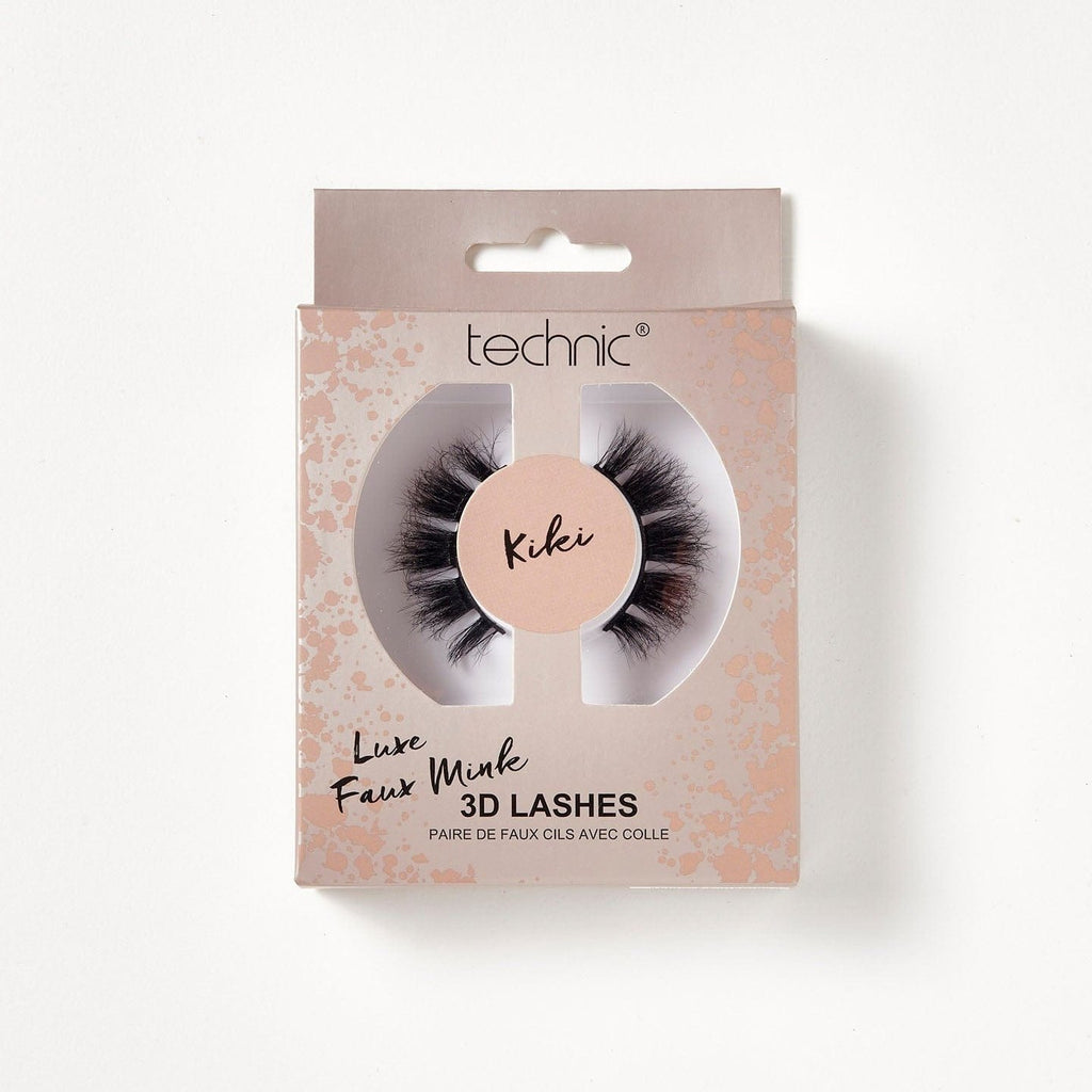 Luxe faux mink 3d lashes in the style Kiki in a rose gold patterned box on a white background.