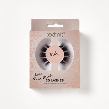 Luxe faux mink 3d lashes in the style Kiki in a rose gold patterned box on a white background.