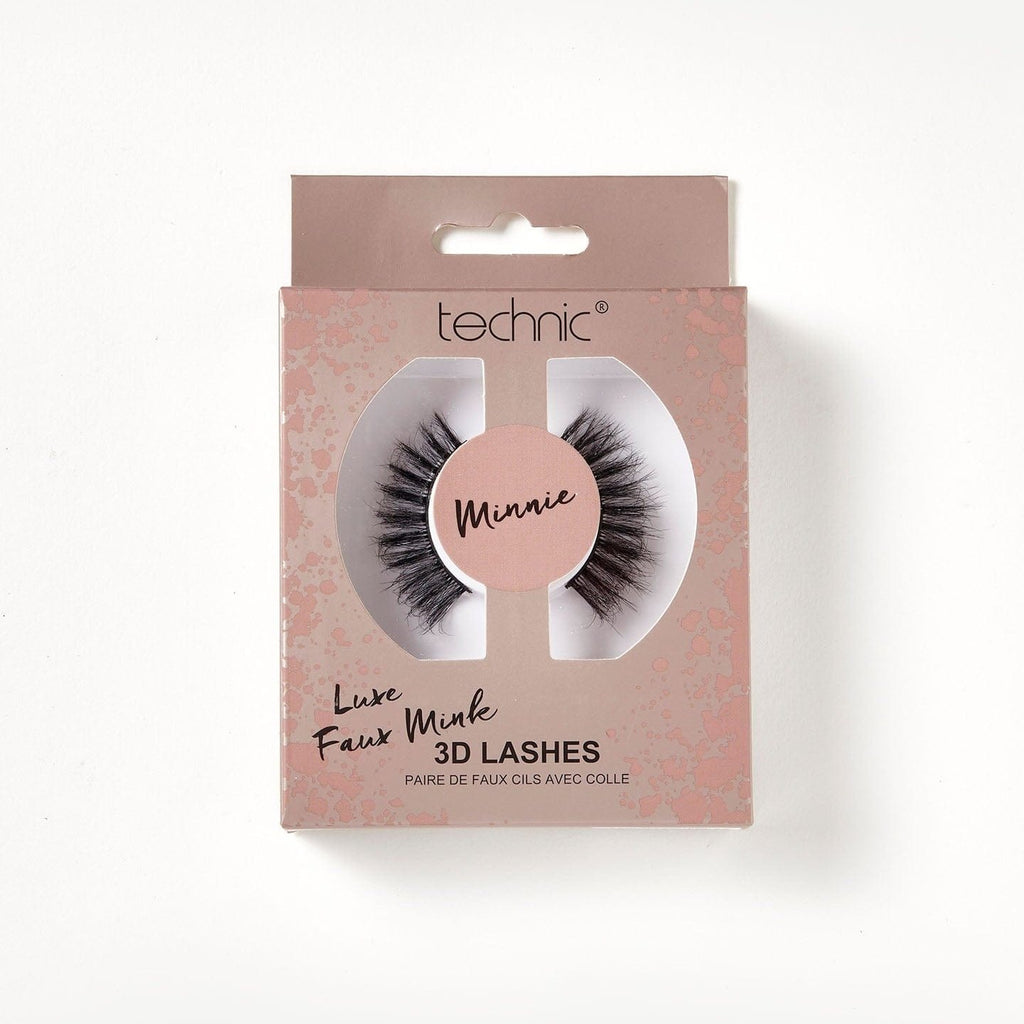 Luxe faux mink 3d lashes in the style Minnie in a rose gold patterned box on a white background.