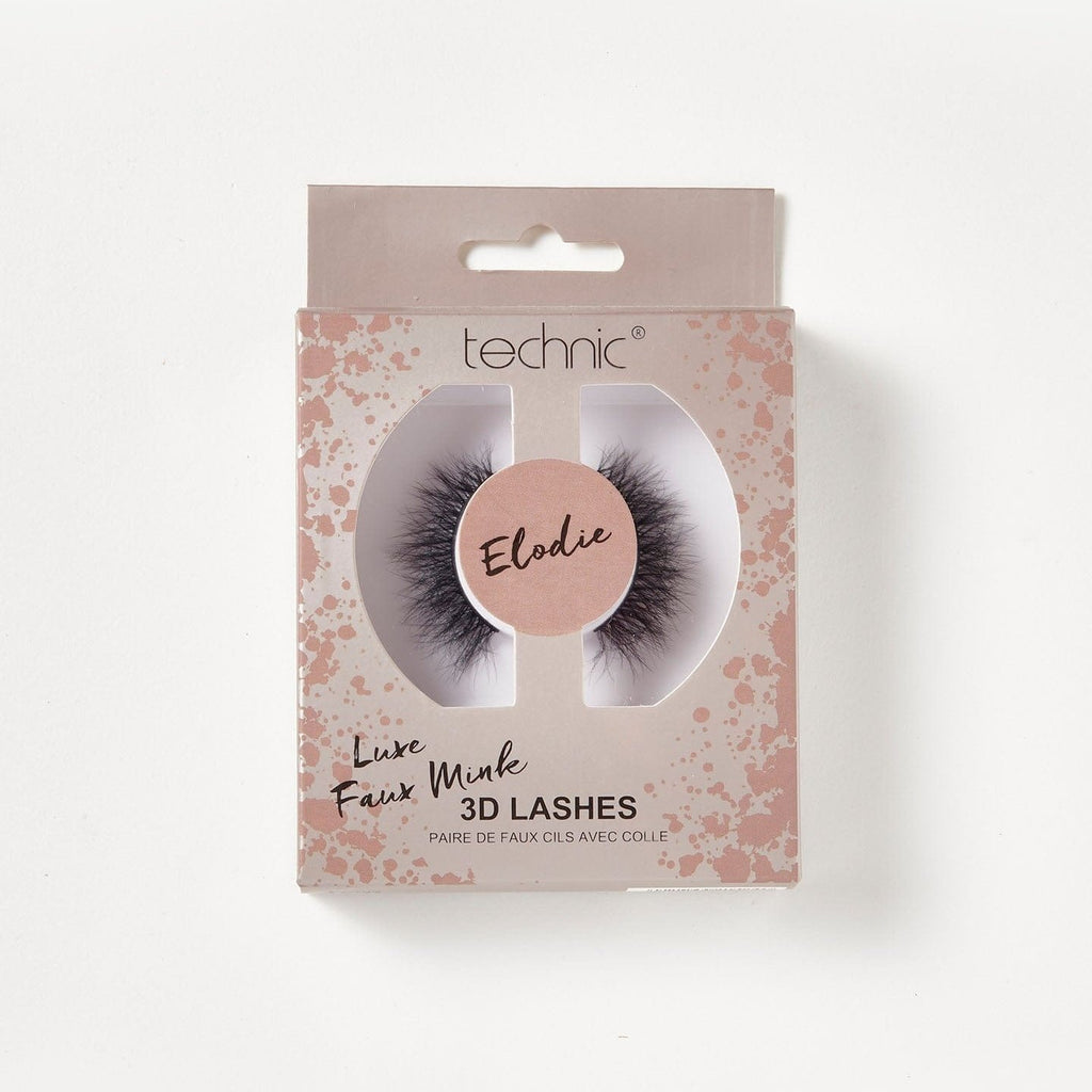 Luxe faux mink 3d lashes in the style Elodie in a rose gold patterned box on a white background.