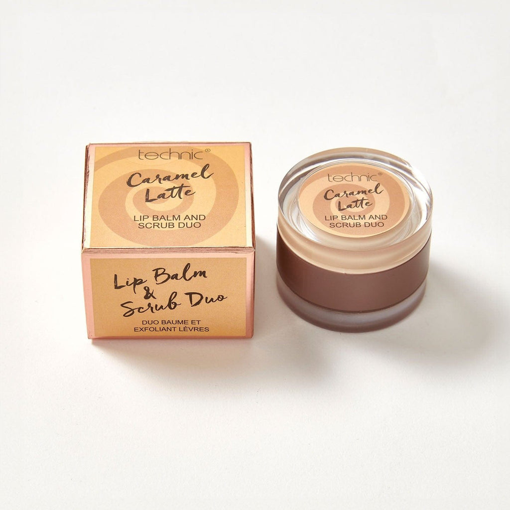 A lip balm and scrub duo in the flavour Caramel Latte next to its box packaging.
