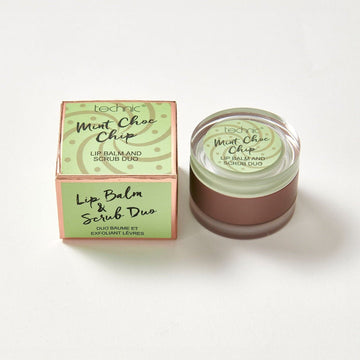 A lip balm and scrub duo in the flavour Mint Choc Chip next to its box packaging.