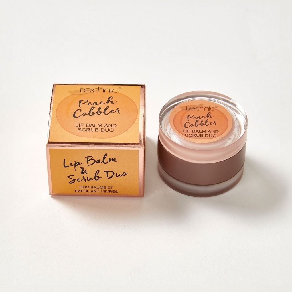 A lip balm and scrub duo in the flavour Peach Cobbler next to its box packaging.