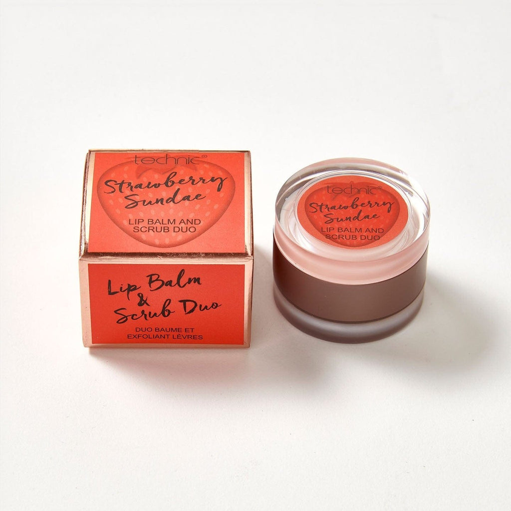 A lip balm and scrub duo in the flavour Strawberry Sundae next to its box packaging.