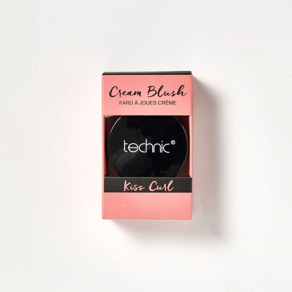 A cream blush in the shade Kiss Curl in its pink coloured box packaging on a white background.