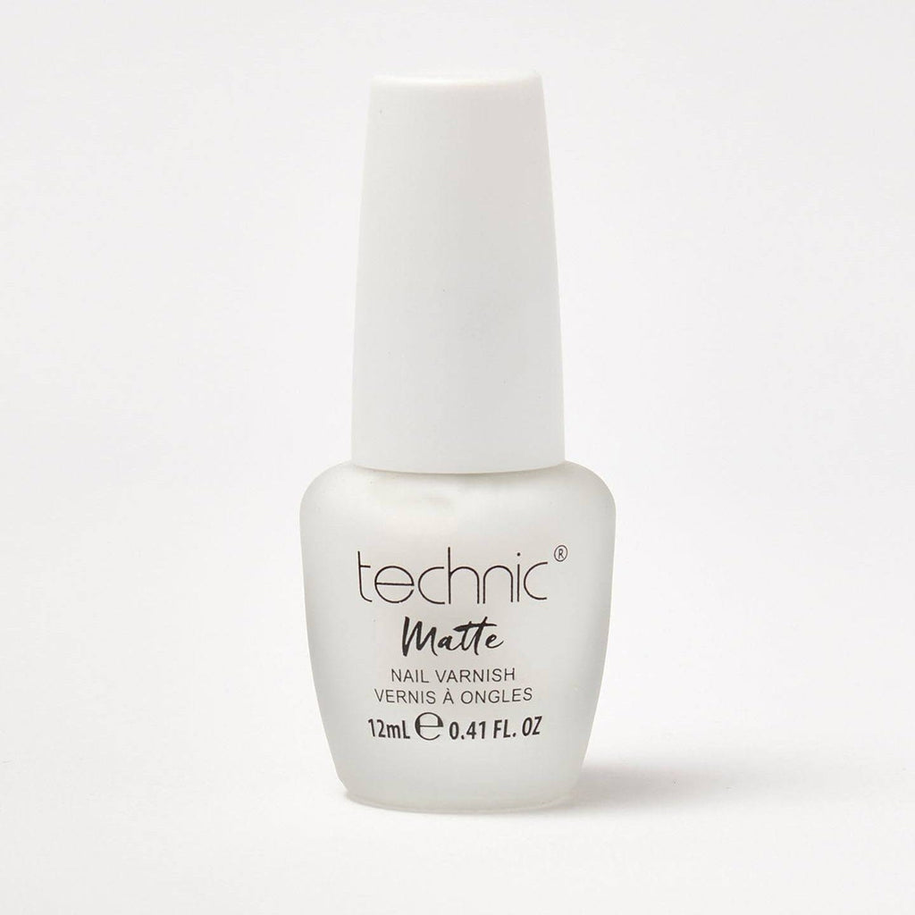 A bottle of matte nail varnish in the shade White on a white background