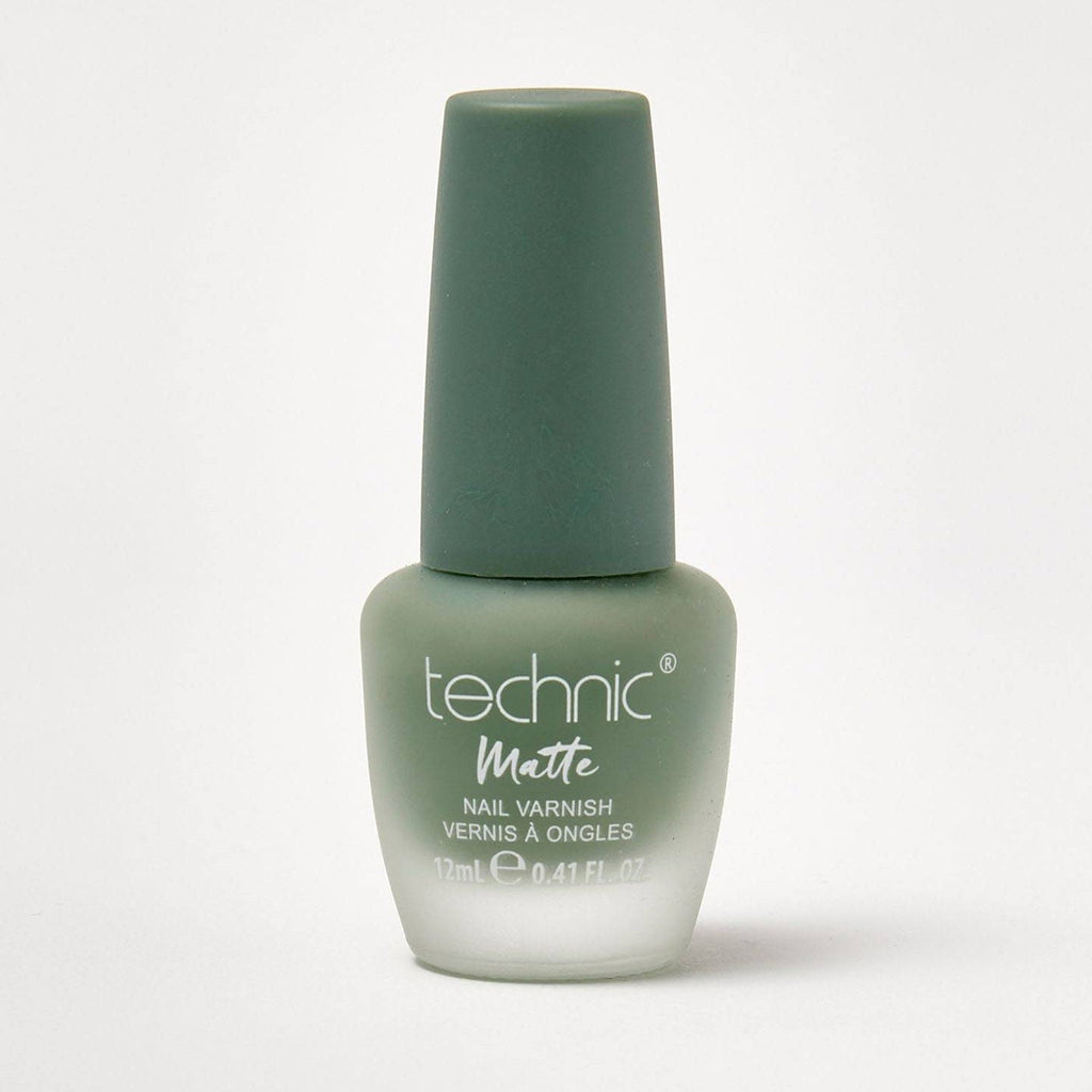 A bottle of matte nail varnish in the shade Green With Envy on a white background