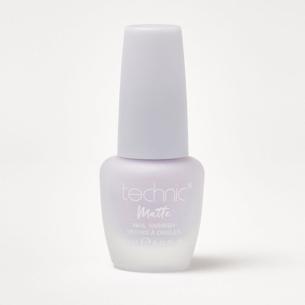 A bottle of pastel matte nail varnish in the shade Blue Violet on a white background.