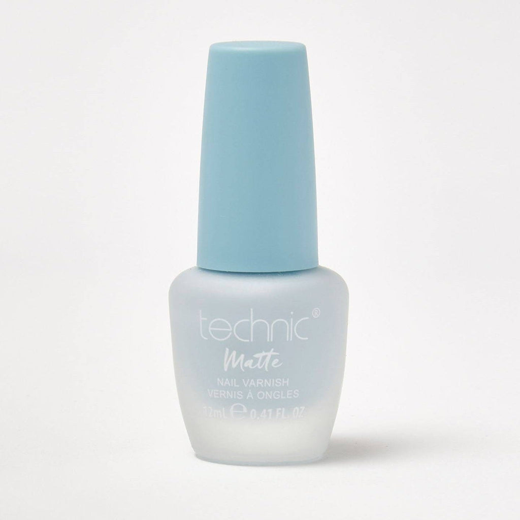 A bottle of pastel matte nail varnish in the shade Ocean on a white background