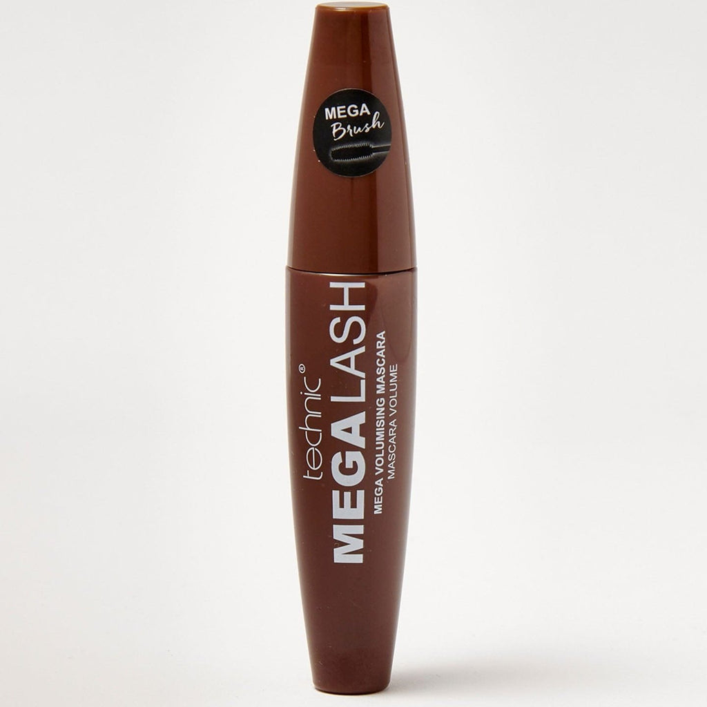 A mega lash brown mascara stood up on a white background.