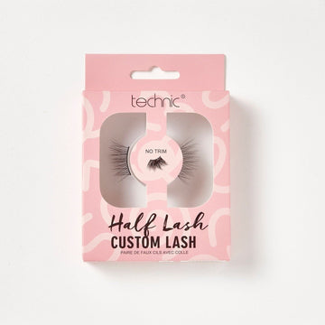Custom lashes in the style Half Lash in a pink box on a white background.