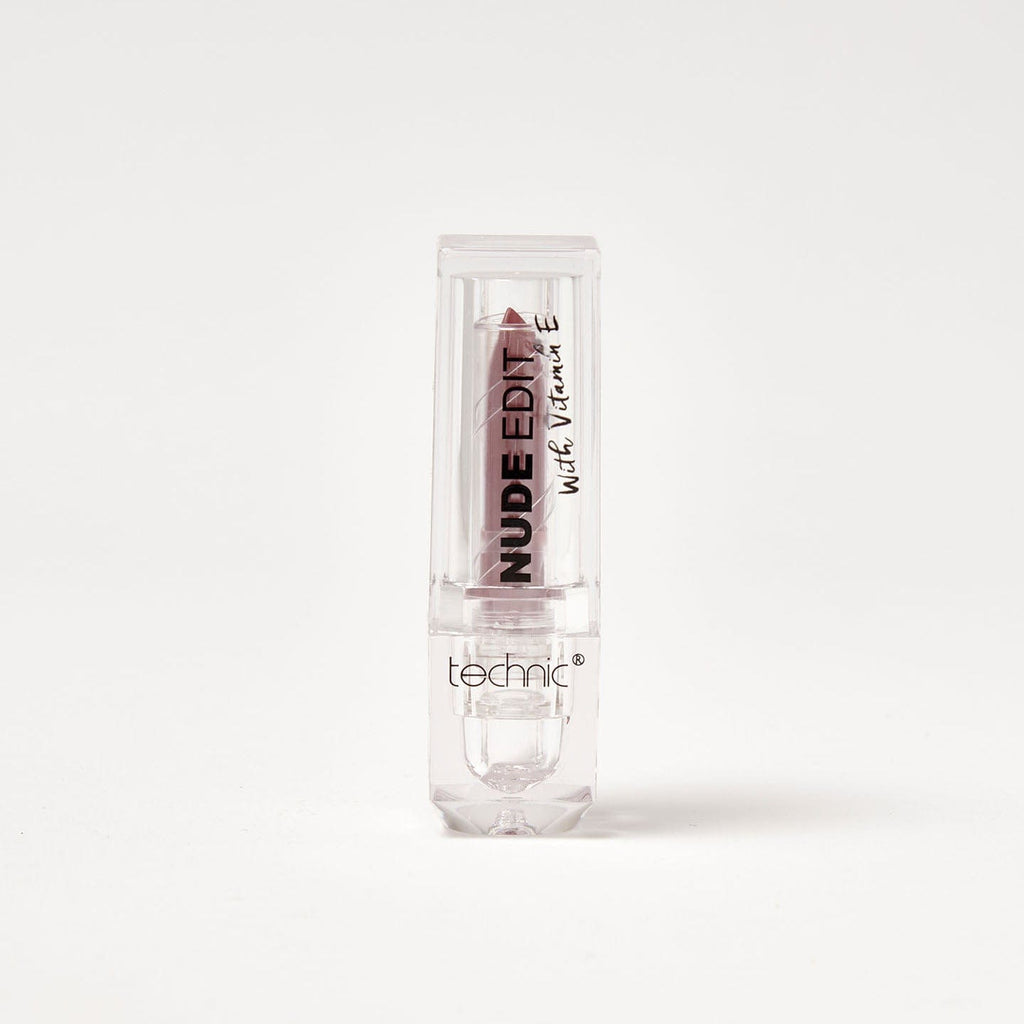 A nude edit vitamin e lipstick in the shade Berrylicious on a white background.
