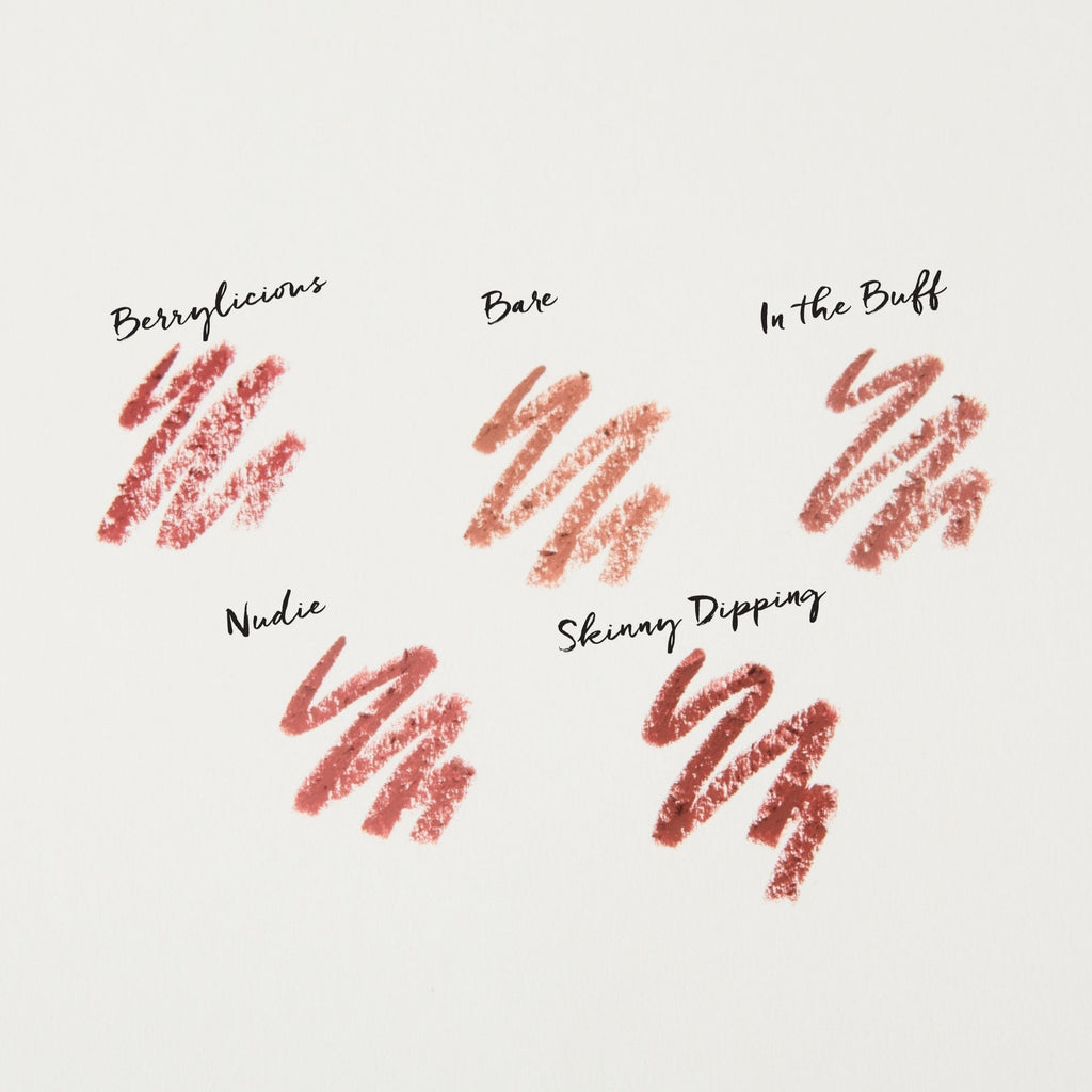 All 5 swatches of the nude edit lip liners on a white background with the corresponding name above each one.