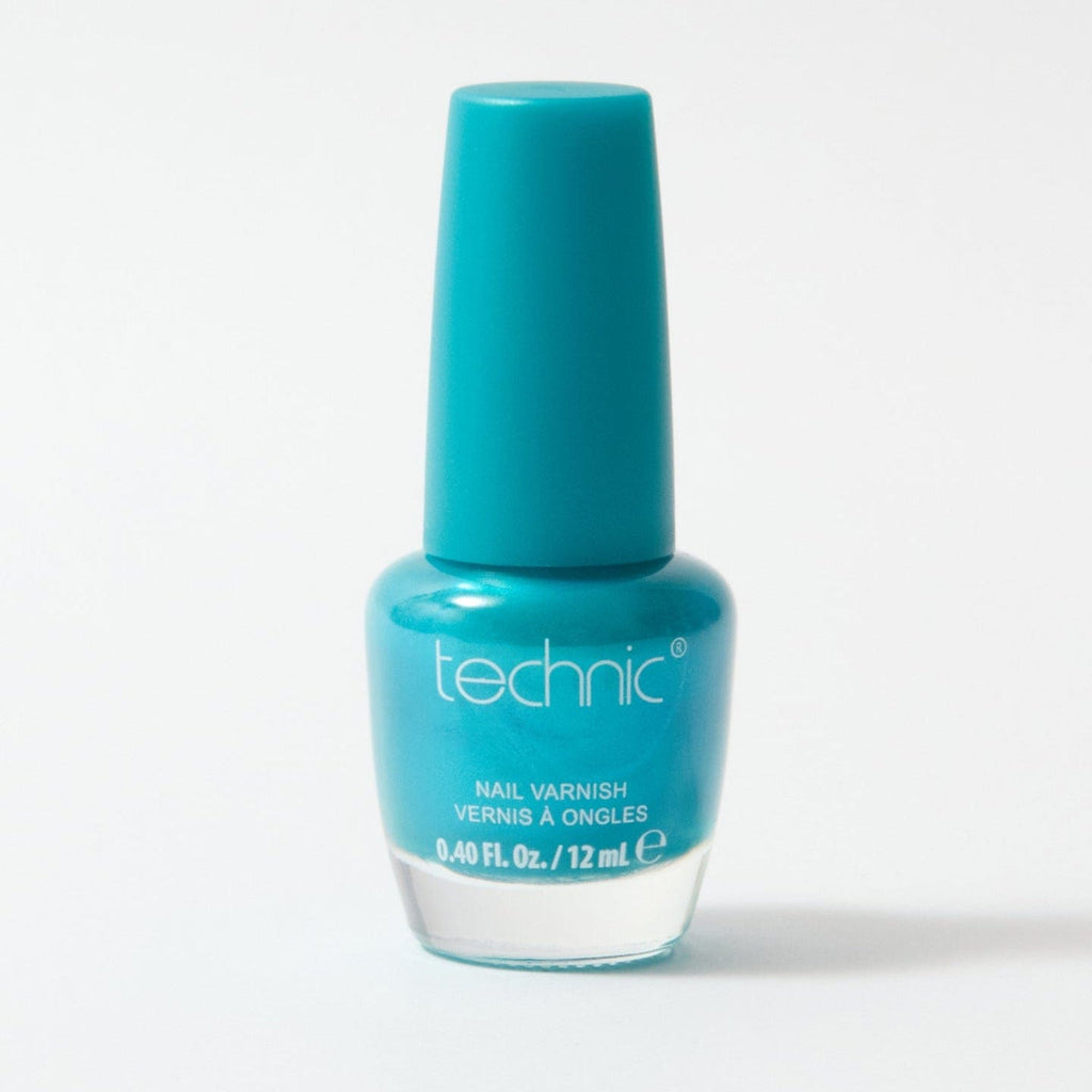 A bottle of shimmer nail varnish in the shade Lagoon on a white background.