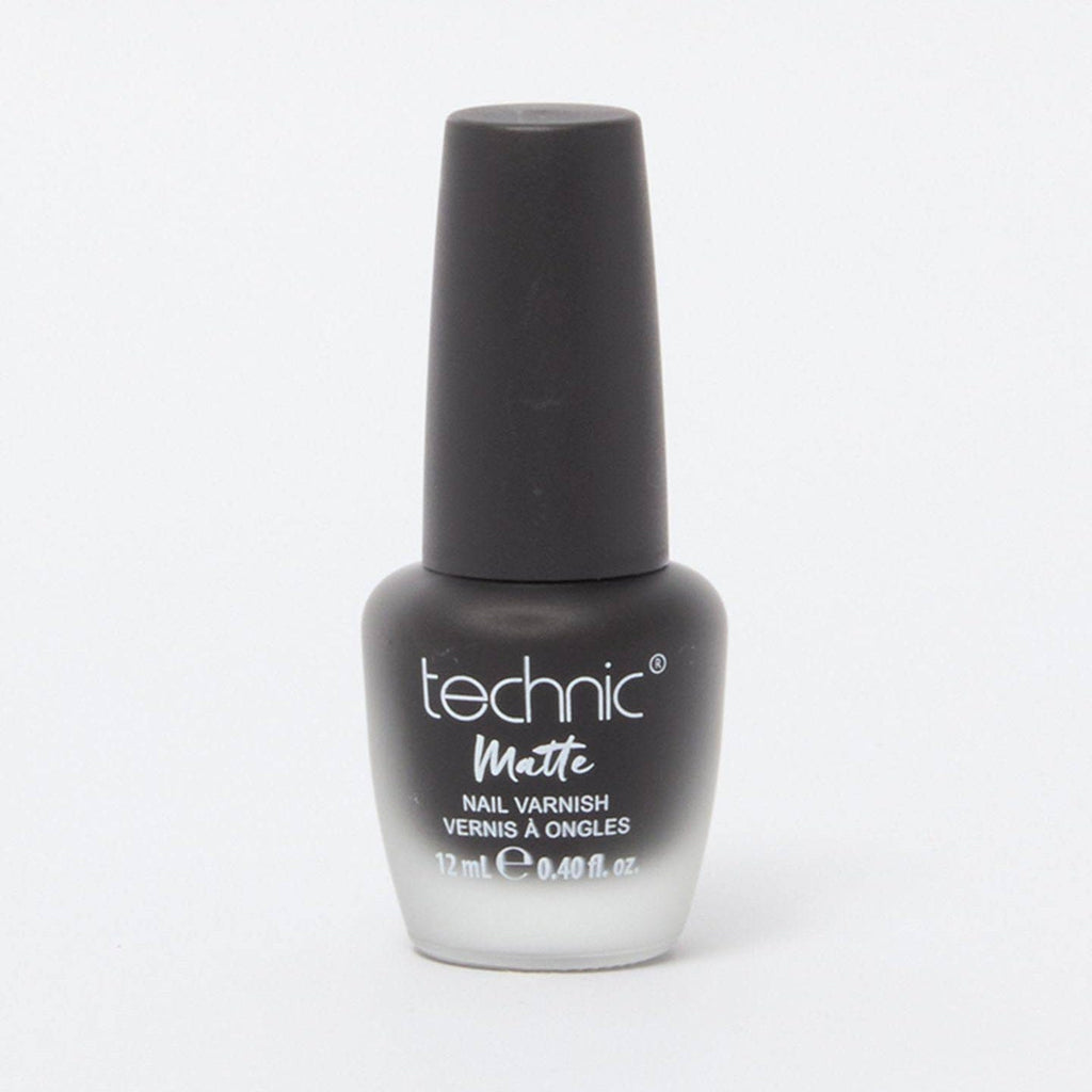 A bottle of matte nail varnish in the shade Black on a white background