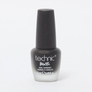 A bottle of matte nail varnish in the shade Black on a white background