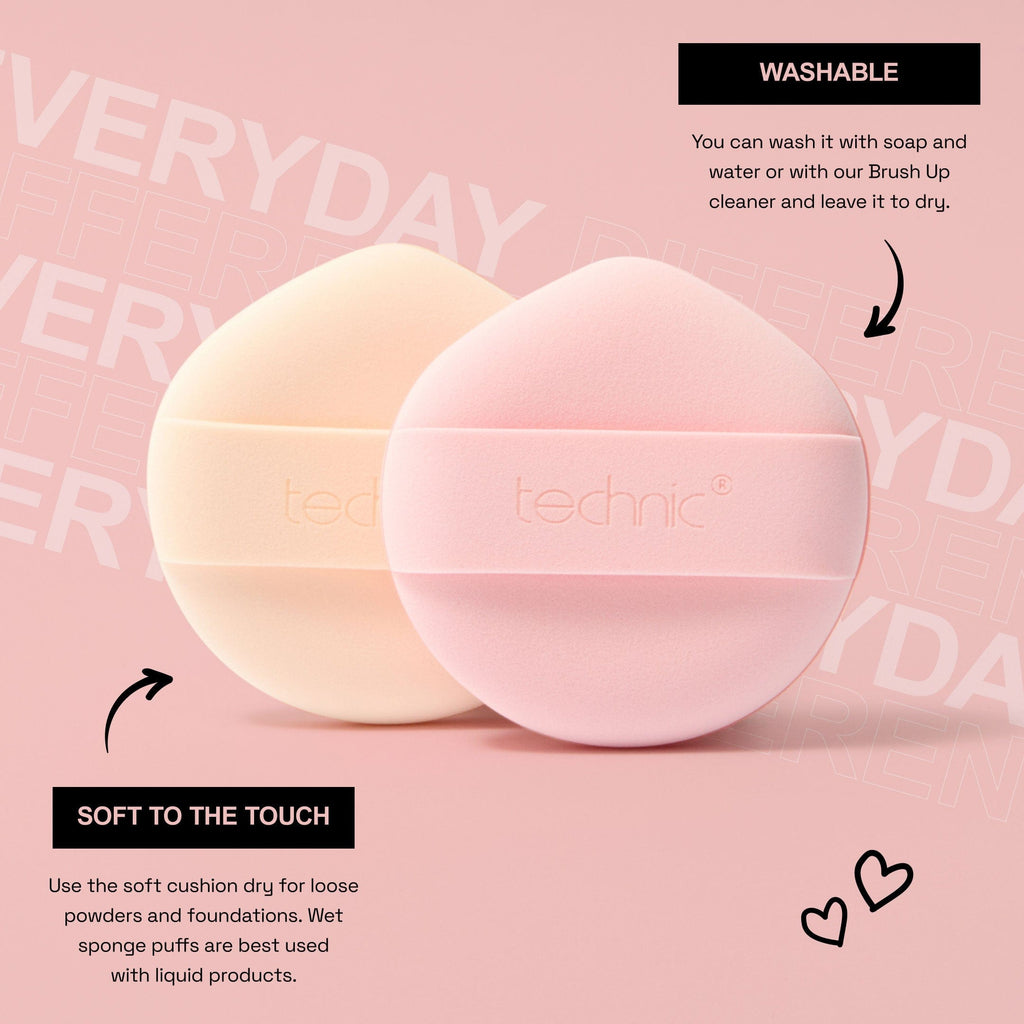 Both sponge puffs on a pink background with arrows saying they are washable and soft to touch.