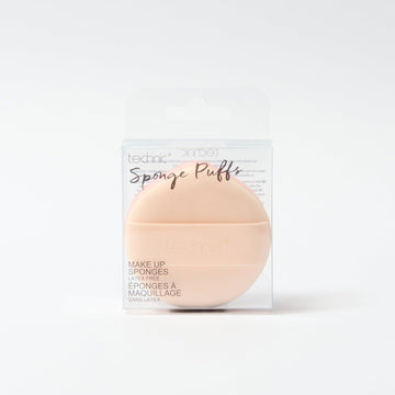 The sponge puffs in clear packaging in front of a white background.