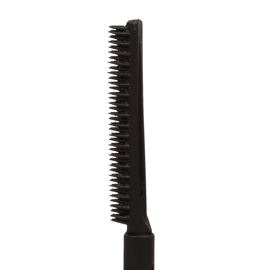 A derailed close up of the mascara wand on a white background.