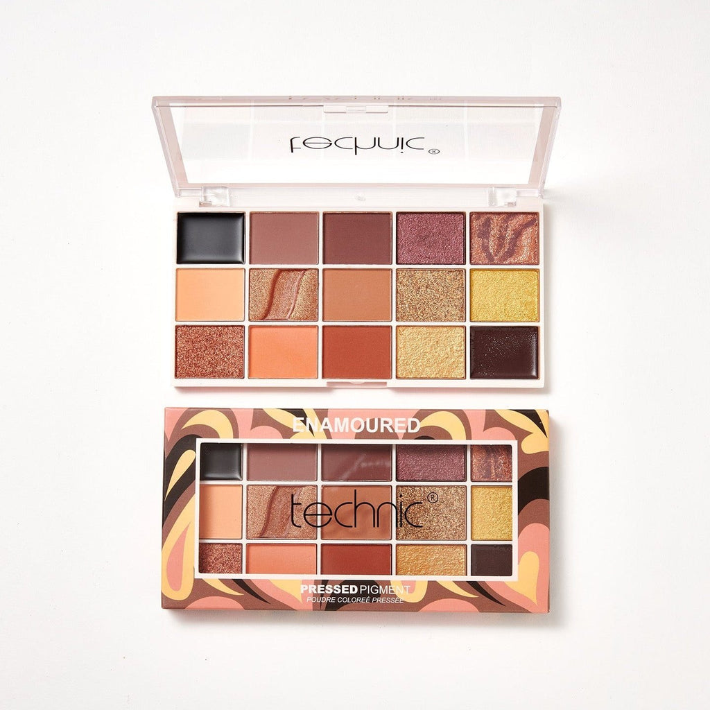 An opened Enamoured eyeshadow palette on a white background.