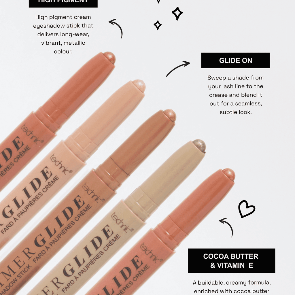 All 5 shades of shimmer glide opened on a white background with arrows pointing to text. The text says its highly pigmented, they glide onto the eyes and contain Cocoa Butter and Vitamin E