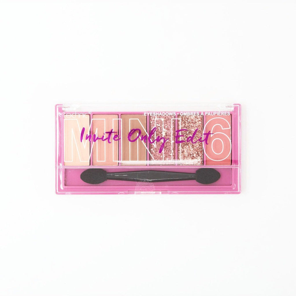 A mini 6 Invite Only palette on a white background. It contains pink and nude shades and also glitter shades.