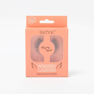 Winged lashes in the style Flying Start in an orange box in front of a white background.