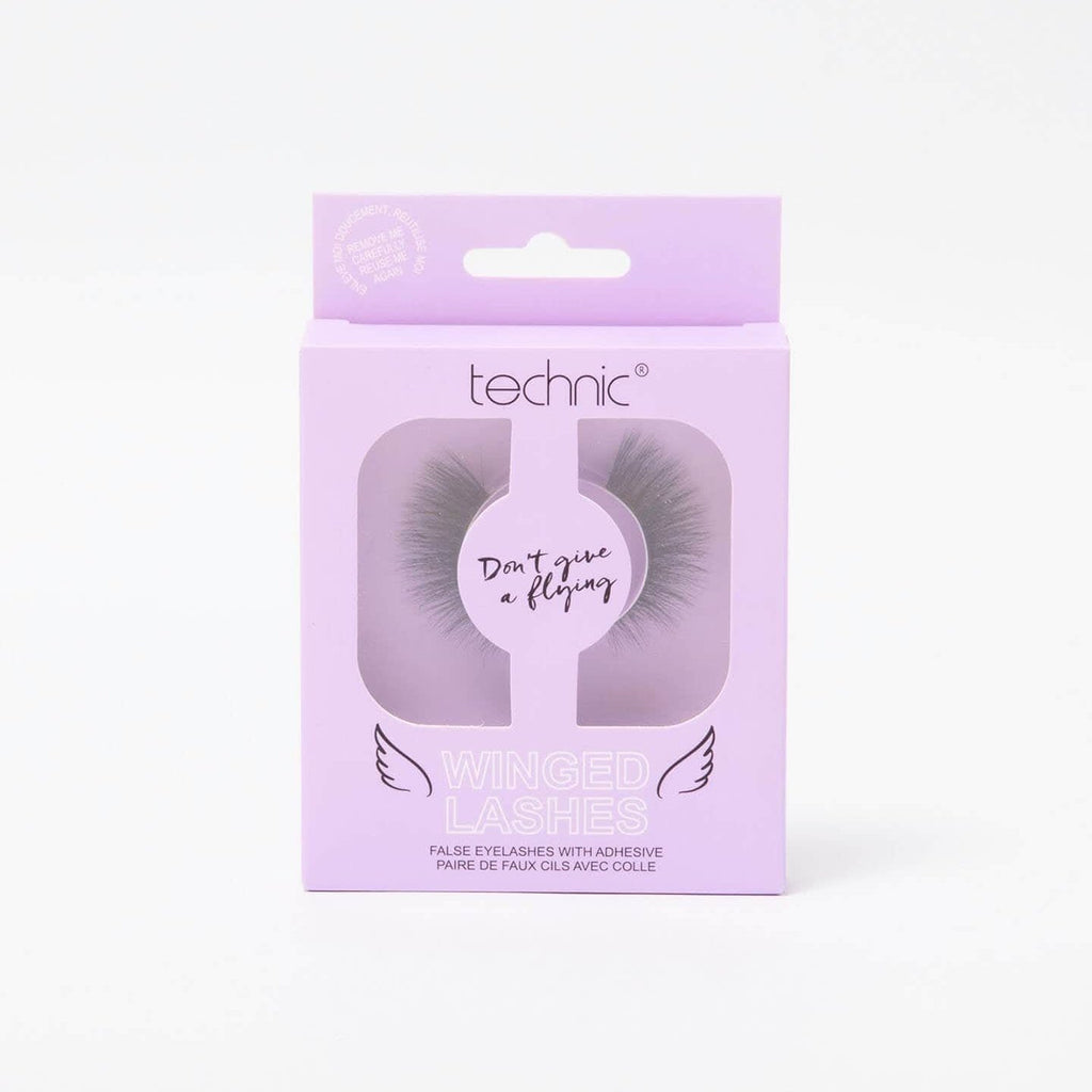 Winged lashes in the style Don't Give A Flying in a purple box in front of a white background.