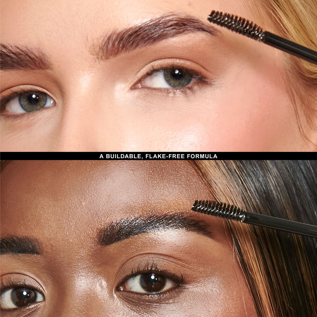 2 close up images of models eyebrows with the product applied. Text saying it has a buildable and flake-free forumla.