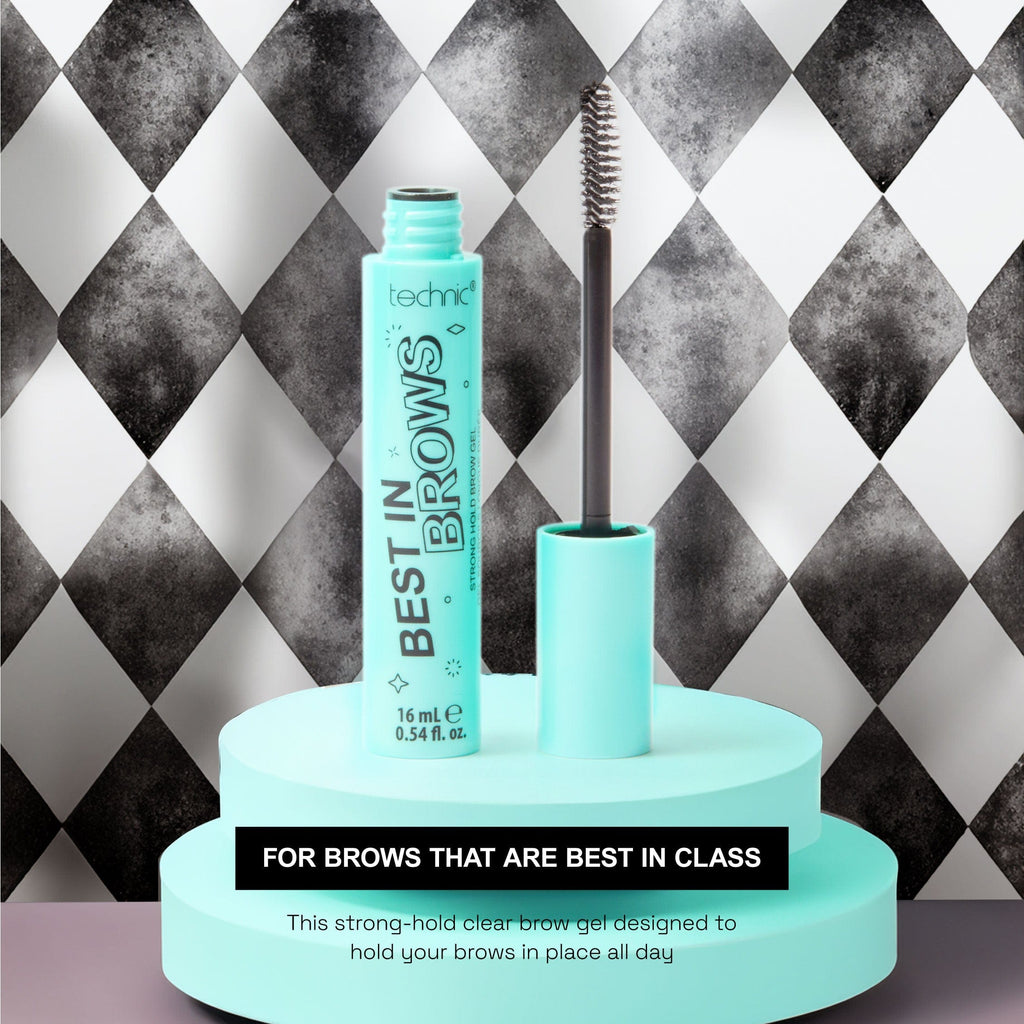 An opened brow gel on a blue circle tiered stand in front of a black and white checkered background.
