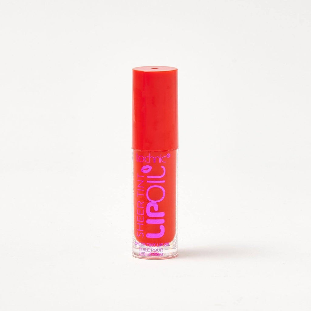 A sheer lip oil in the shade Crimson on a white background.