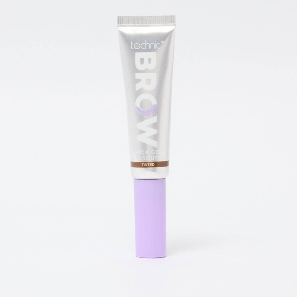 A tinted brow gel in front of a white background.