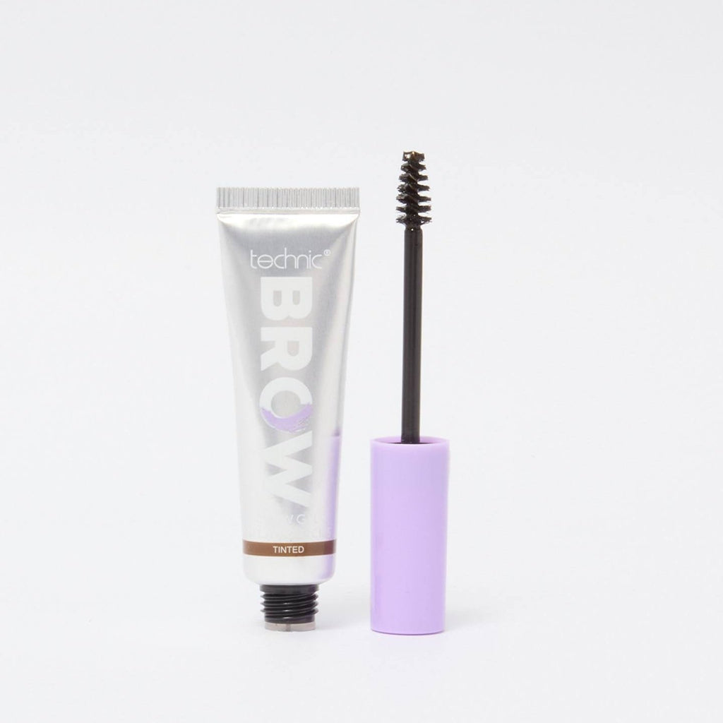 An opened tined brow gel in front of a white background.