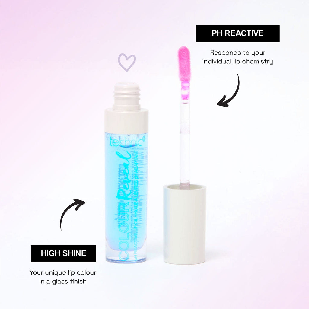 An opened lip oil in the shade Cool Vibes with text around it saying its PH reactive and gives a high shine finish.
