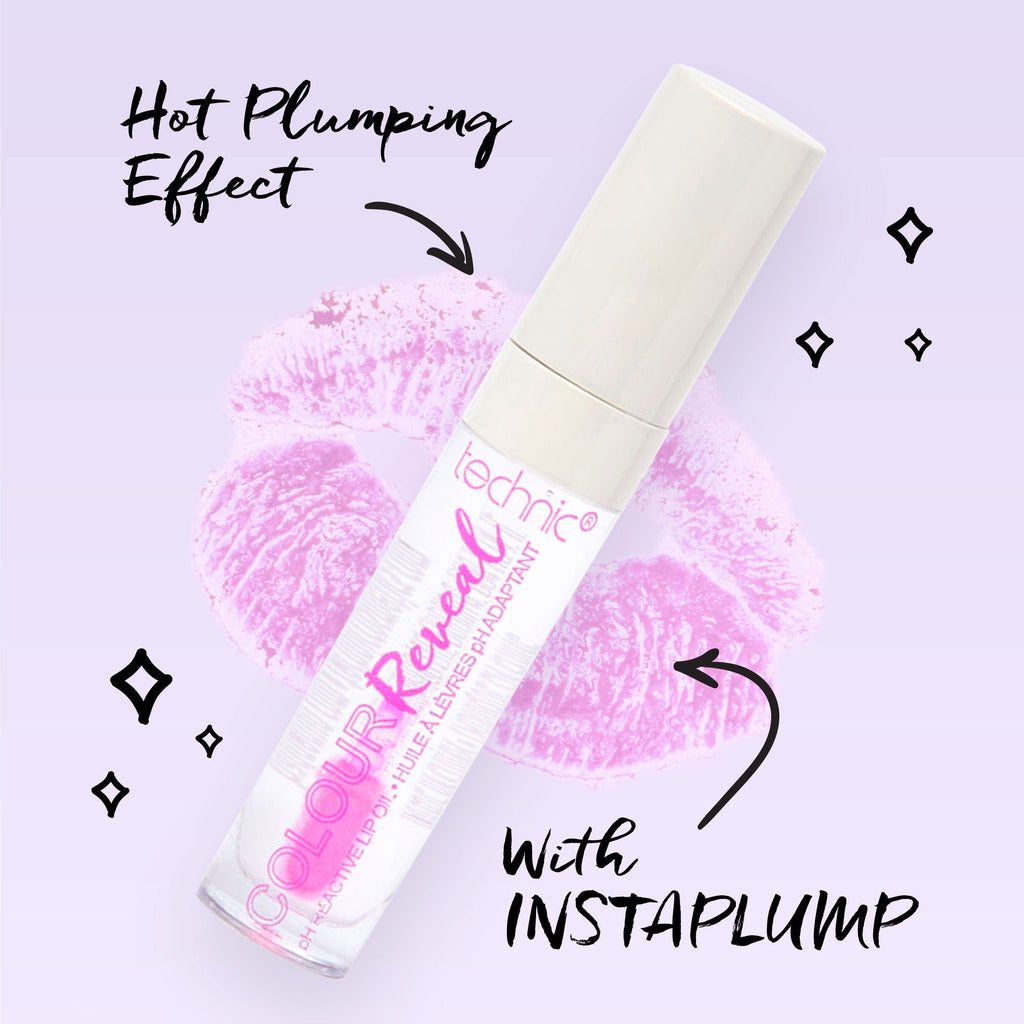 The colour reveal lip oil in the shade Too Hot on a purple background with text around it saying it has a hot plumping effect and it contains INSTAPLUMP