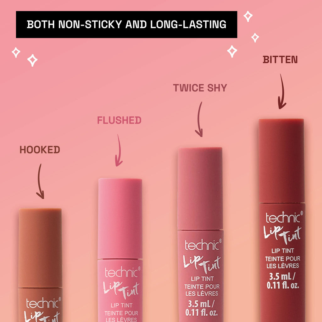 All 4 of the lip tints in a row on a pink background. Text saying they are non-sticky and long-lasting