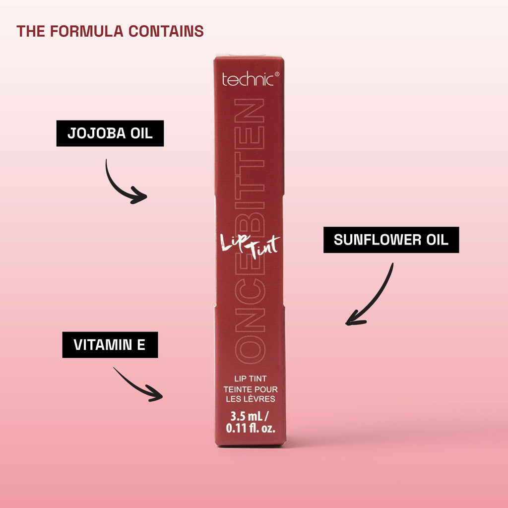 A lip tint with 3 arrows saying its key ingredients Jojoba Oil, Sunflower Oil and Vitamin E.