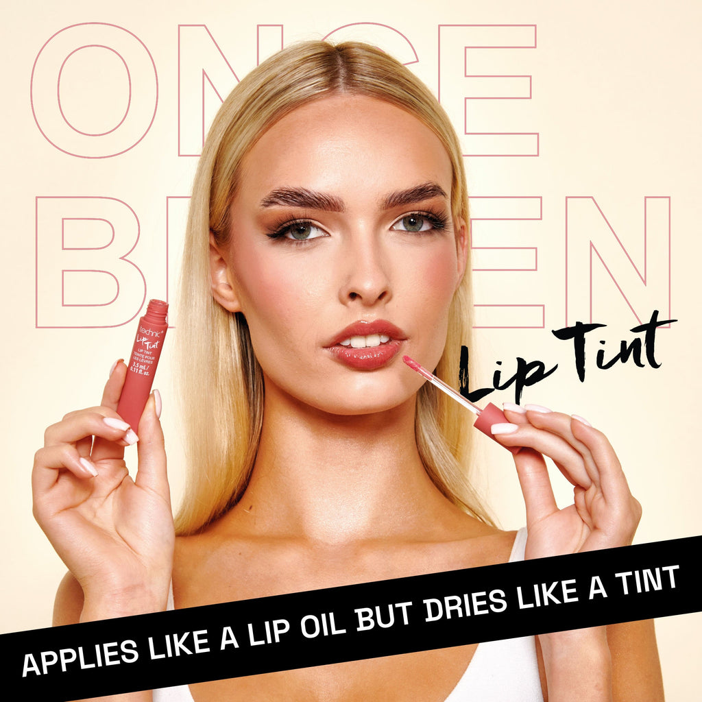 A model applying the lip tint to her lips with text saying it applies like a lip oil and dries like a tint.