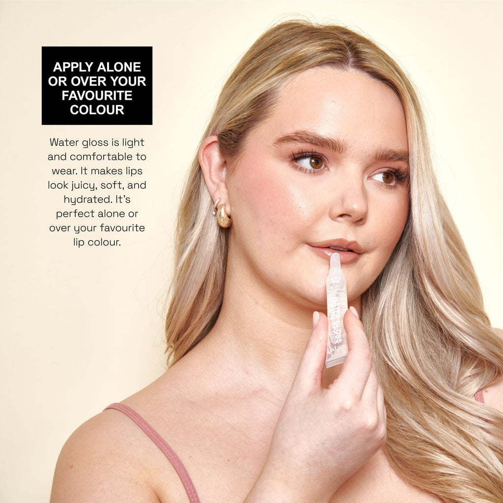 Model applying the water gloss to her lips. Text saying you can wear the lip gloss alone or add on  top of your favourite lipstick shade.
