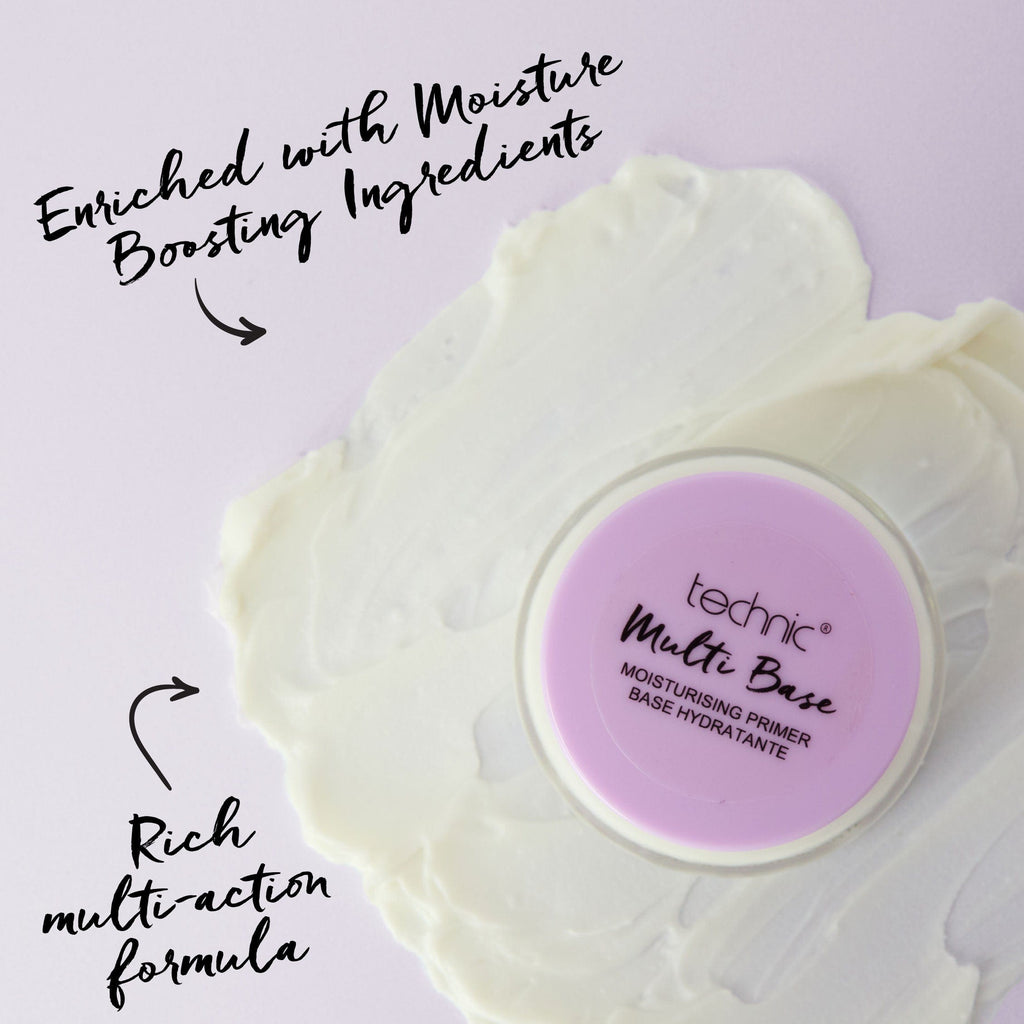 Multi base spreaded on a purple background with the pot on top of it and arrows saying its enriched with moisture boosting ingredients and it has a rich multi-action formula.
